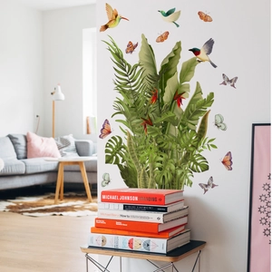 Sticker mural tropical avec plantes vertes colibris et papillons pour décoration