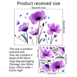 Purple tulip flower and butterfly wall stickers set for home decor 90x64cm