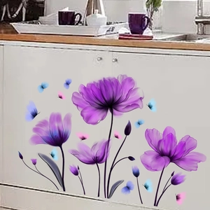 Watercolor purple tulip and butterfly wall stickers applied on white kitchen cabinet