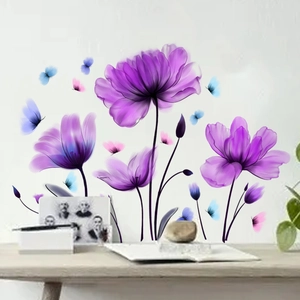 Purple tulip floral wall stickers with colorful butterflies for living room home decor