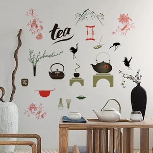Zen Tea Culture Wall Stickers Chinese Style PVC Removable DIY Wall Art Decals With Crane Landscape For Living Room Decor