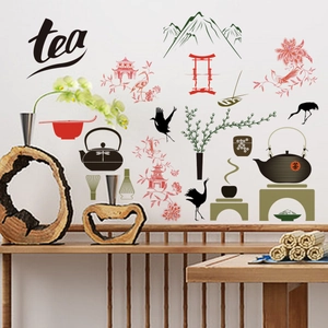Chinese Zen tea culture wall decals featuring cranes, pagodas and teapot in room setting