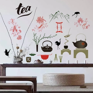 Chinese tea culture wall decals with tea pot and mountain scenery for zen room decoration