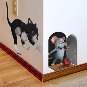 Adesivi Murali Gatto E Buco Del Topo Cartone Animato PVC Effetto Visivo 3D Autoadesivo Decorazione Per Angolo Soggiorno