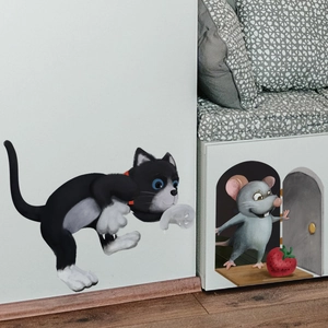 Adesivo murale 3D gatto e buco del topo con fragola per decorazione creativa della casa