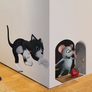 Adesivo murale 3D gatto e topo con buco del topo per decorazione creativa degli angoli