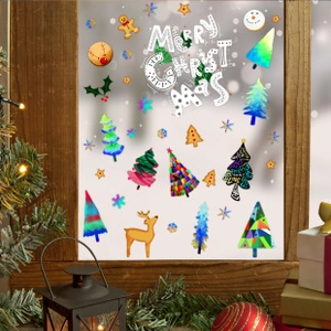 Cozy holiday window display with Christmas reindeer and snowman static cling decals