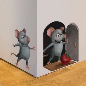 Creative 3D mouse hole wall sticker with cartoon mouse and strawberry decor for home