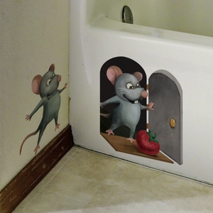 3D realistic mouse hole wall stickers with cute cartoon mice for home decor