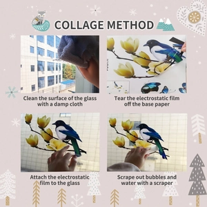 Four-step installation guide for static cling bird and branch glass window stickers
