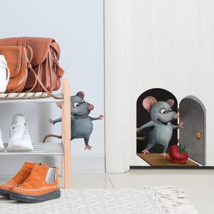 Detailed 3D mouse hole wall sticker with cute cartoon mice and strawberry on skirting board