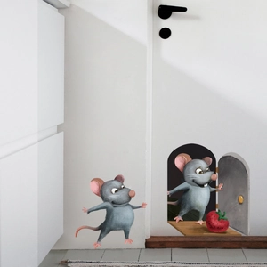Cartoon mouse hole wall stickers with cute grey mice and red strawberry for home decor