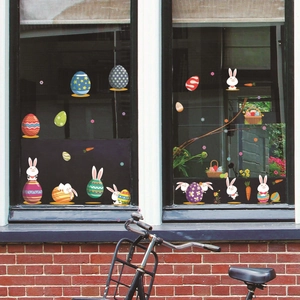 Autocollant de Fenêtre Lapin de Pâques Œufs Colorés Statique PVC Visible Double Face Collection Décorative Pour Surface en Verre Fête