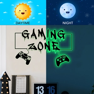 Stickers muraux Gaming Zone fluorescents avec manettes, effet jour et nuit brillant