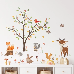 Detail of forest animal wall stickers with fox, rabbit, and deer on white wall