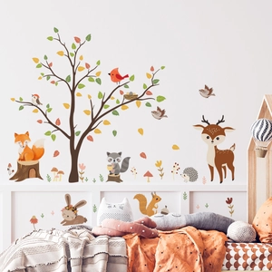 Forest animals and tree wall decals set for kids bedroom with deer fox and raccoon
