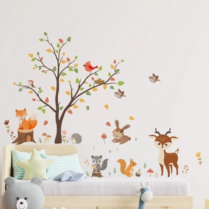 Detailed forest wall decals featuring cartoon animals and a large leafy tree for nursery decoration