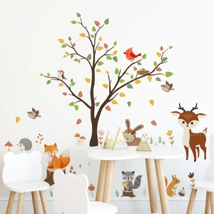 Detailed forest animal wall stickers with fox, deer, and rabbit for kids' room decor