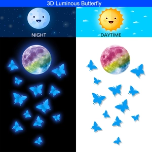 Luminous blue butterfly and rainbow moon wall decals showing day and night glow effects