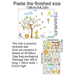 Size chart showing 138x115cm forest animal wall decal dimensions and packaging details