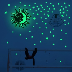 Luminous sun moon and stars wall stickers for glowing bedroom decor in dark green neon