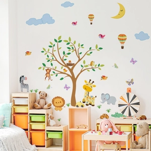 Cartoon forest animal wall stickers with large tree and giraffe for children room decor