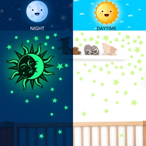 Luminous wall stickers showing glow-in-the-dark moon and stars vs daytime green view