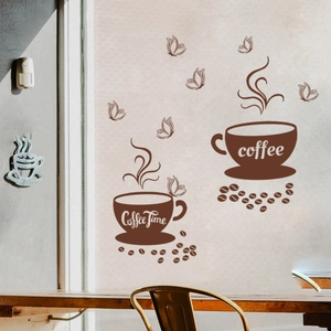 Detail of coffee time wall stickers with cups and butterflies in a cozy cafe setting