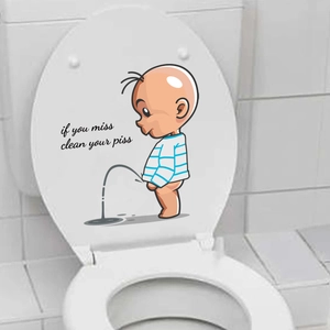 Creative Cartoon Boy Peeing Toilet Seat Sticker Waterproof PVC Warning Decal If You Miss Clean Your Piss Humor Bathroom Decor Toilet Lid Wall Sticker