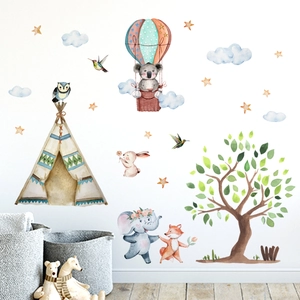 Watercolor Cartoon Animal Wall Stickers Hot Air Balloon Elephant Koala Fox Rabbit Kids Room Nursery Decor PVC Self Adhesive