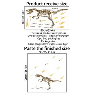 Luminous dinosaur bone wall stickers size guide showing 60x30cm sheet and 90x90cm effect
