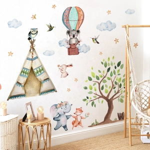 Watercolor animal wall decals with elephant and hot air balloon for nursery decor