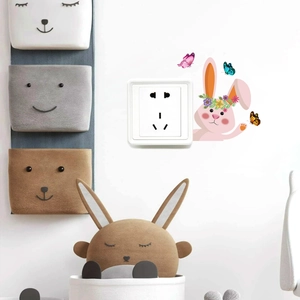 Cartoon pink bunny with floral wreath and colorful butterflies wall stickers for switch decor