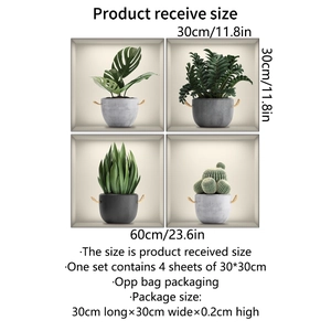 Self-adhesive 3D potted green plant wall stickers for living room home decor 4 pieces set