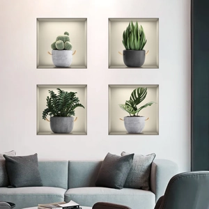 Detail view of four 3D green potted plant wall stickers in a modern living room