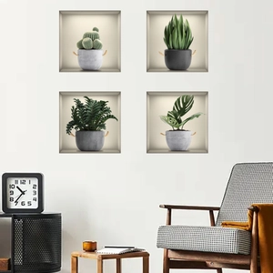3D set of 4 potted green plant wall stickers featuring cacti and monstera for home decor