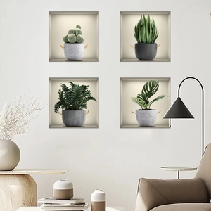 3D green potted plant wall stickers featuring cactus and monstera for living room decor