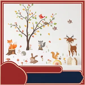 Forest animals and tree wall stickers for nursery, cartoon woodland bedroom wall decals