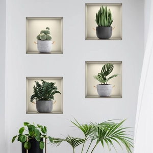 3D faux alcove wall stickers featuring potted green plants like monstera and cacti