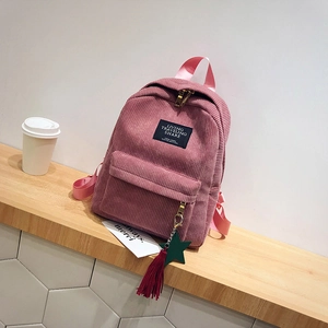 Pink corduroy backpack with star tassel charm, minimalist school bag for women