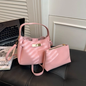 Minimalist Women Litchi Grain PU Leather Crossbody Bag Set With Spin Lock Fashion Bucket Handbag And Pouch