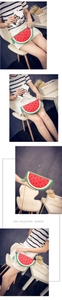 Detailed views of a creative watermelon crossbody bag with green rind and seed embroidery