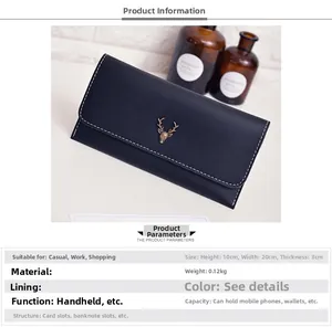 Detail of slim blue faux leather wallet featuring deer logo and 20x10x3cm size info