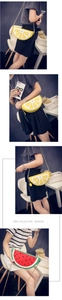 Detail of cross-body bags in fruit shapes like lemon and watermelon with gold chains