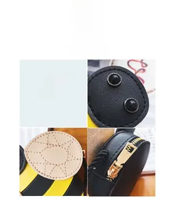 Detailed close-up of premium metal zipper and leather stitching on bee theme kids bag