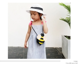 Close-up of cute cartoon bee crossbody bag with shiny finish and small wings for kids