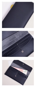 Detail view of navy blue long leather wallet showing card slots and white stitching