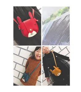 Collage of cute rabbit ear mini shoulder bags for girls in various colors with long straps
