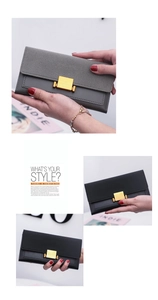 Close-up of matte leather women's long wallets with elegant golden metal buckles