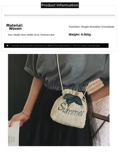 Dettaglio della borsa a secchiello intrecciata con ricamo Summer e tracolla a coulisse